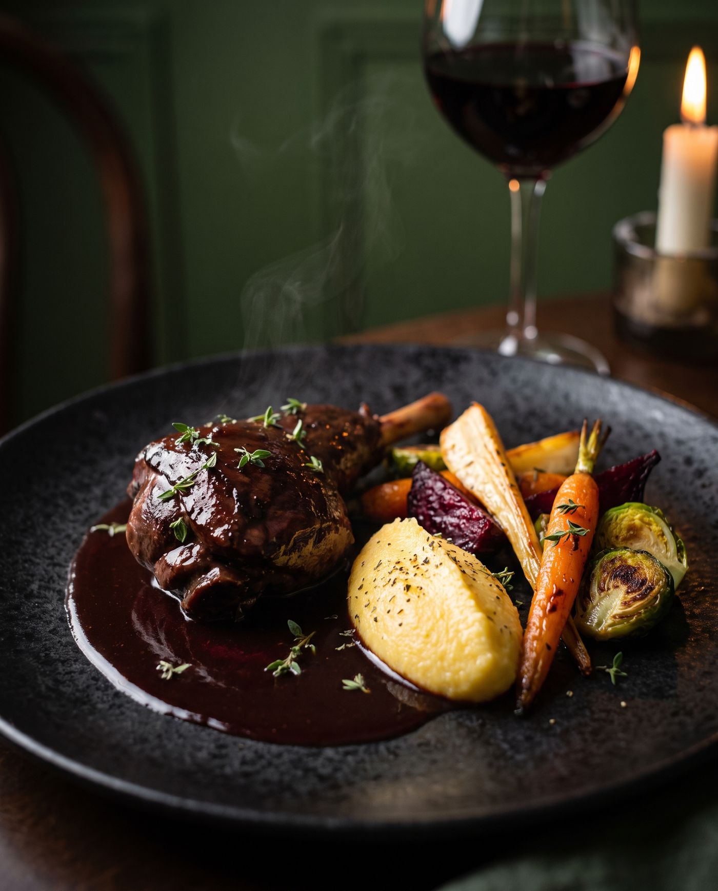 Geschmorte Hirschkeule in Barolo-Sauce mit cremiger Polenta und winterlichem Ofengemüse