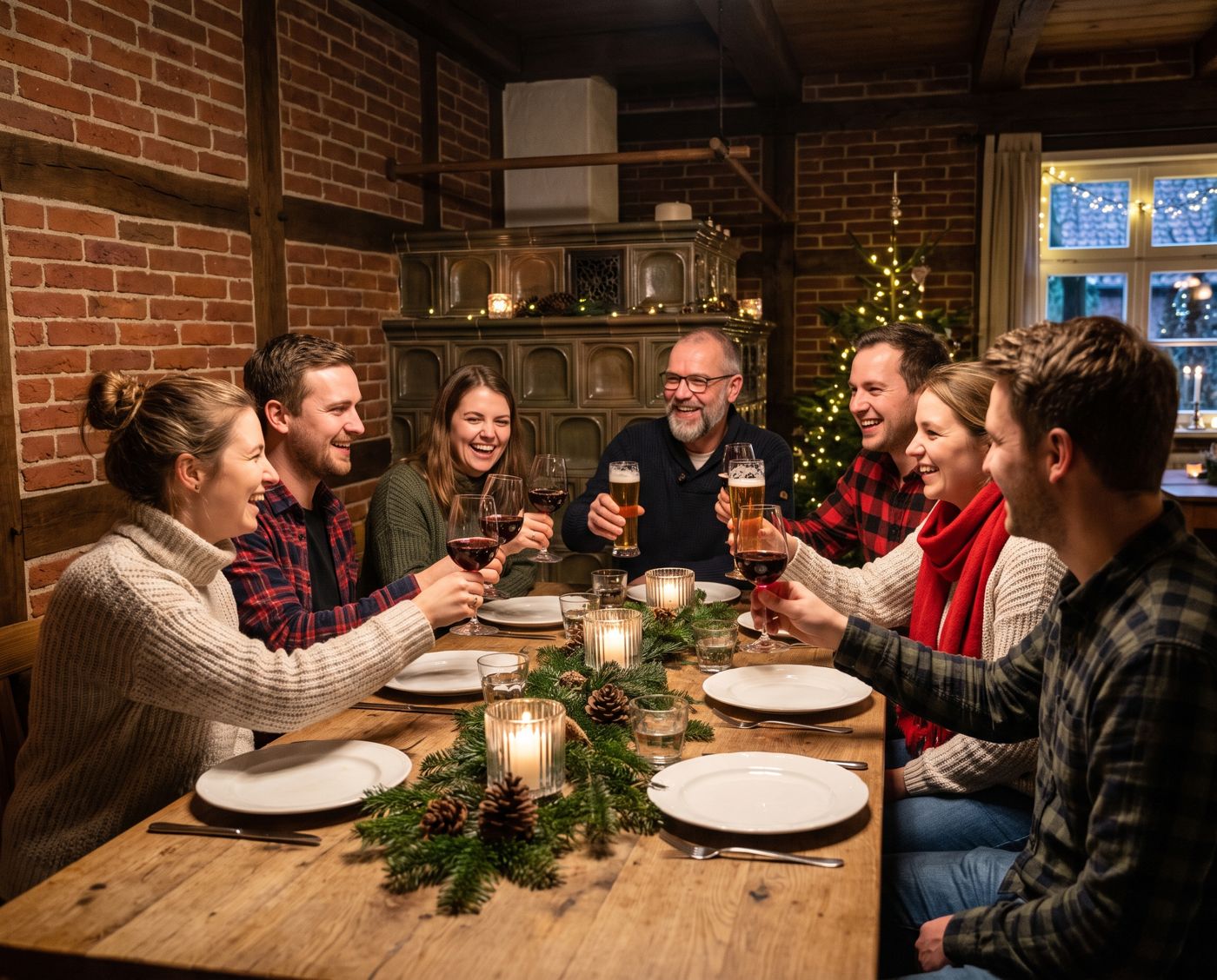Ein kleines Team aus dem Münsterland stößt bei Kerzenlicht am festlich gedeckten Tisch auf die Weihnachtsfeier an