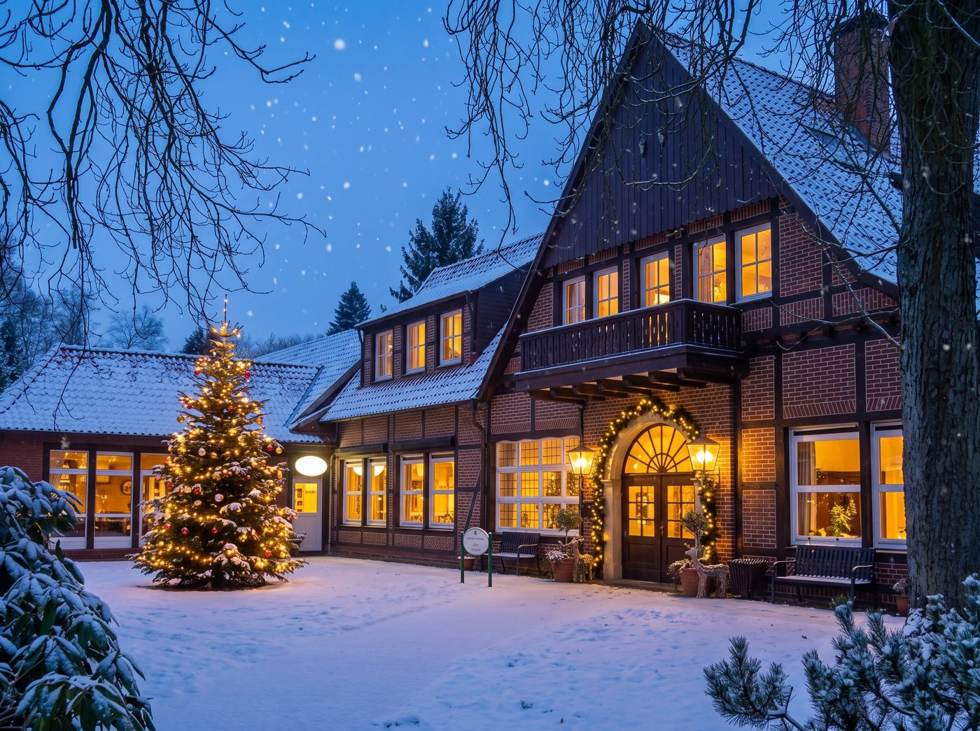 Schnieder Bauland in Coesfeld an einem verschneiten Winterabend mit geschmücktem Weihnachtsbaum