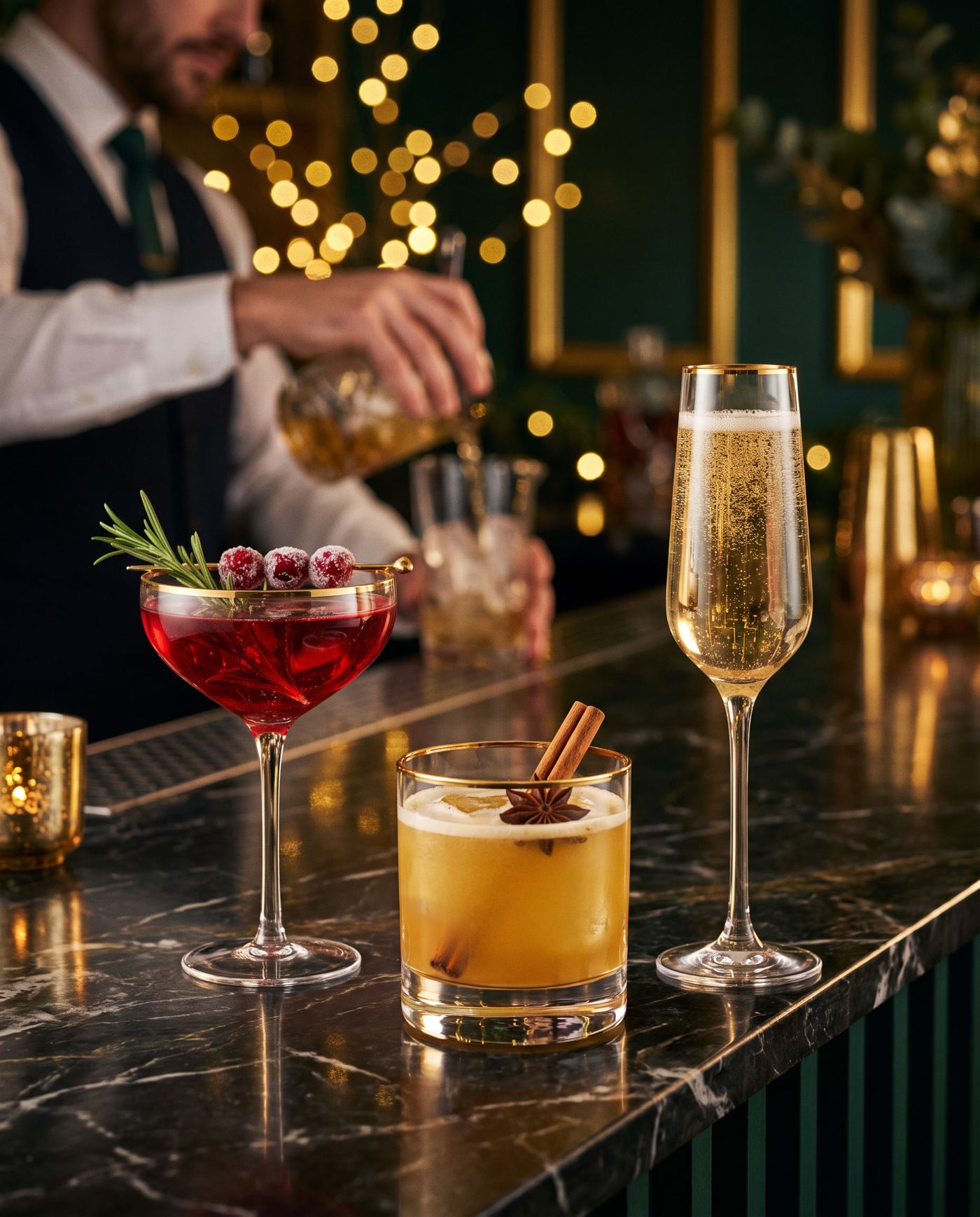 Weihnachtliche Cocktails mit Cranberrys, Rosmarin, Zimt und Sekt an der Bar